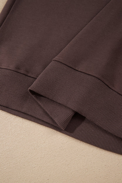 Coffee Solid Color Piping Trim Mock Neck Pullover Drawstring Pants Set
