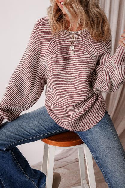Red Dahlia Striped Print Ribbed Knit Boat Neck Baggy Sweater