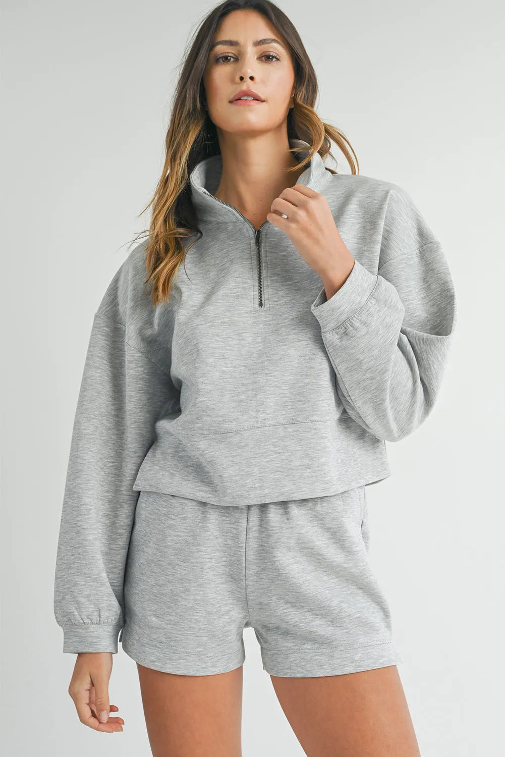 Light Grey Stand Neck Zipped Sweatshirt and Shorts Set - Chic Meadow Boutique 