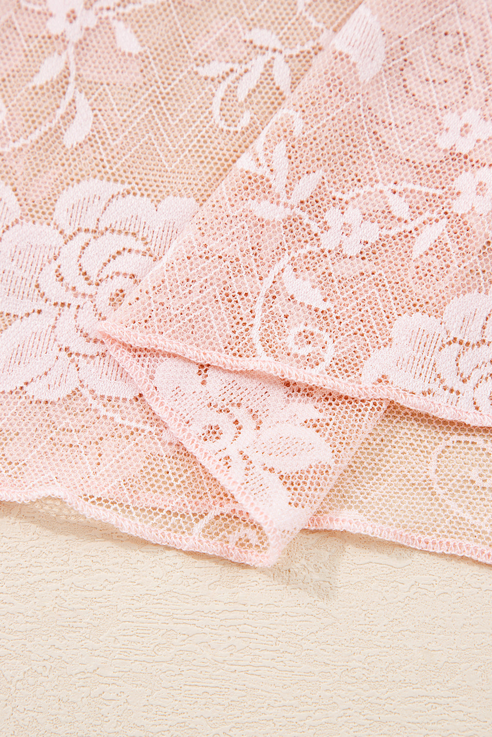 Apricot Pink Sheer Floral Lace Mesh Mock Neck Long Sleeve Top