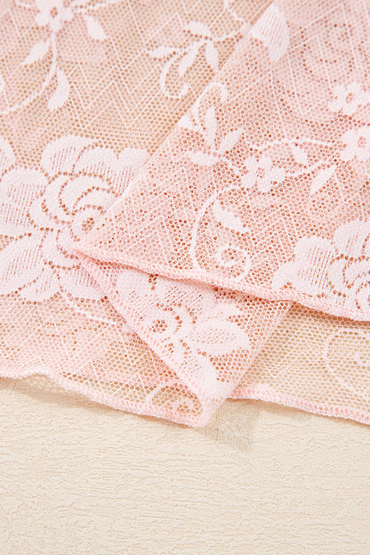 Apricot Pink Sheer Floral Lace Mesh Mock Neck Long Sleeve Top