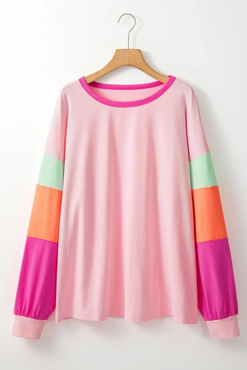 Plus Size/Plus Size Tops/Plus Size Long Sleeve Tops Pink / 1X / 95%Cotton+5%Elastane Pink Colorblock Patchwork Long Sleeve Plus Size Top