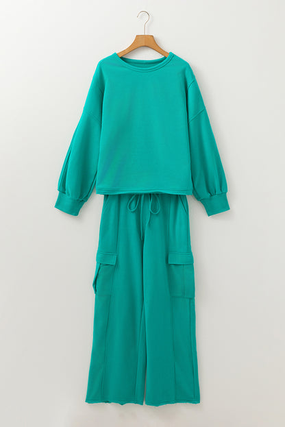 Lapis Solid Color Mineral Wash Pullover Top and Cargo Pants Set