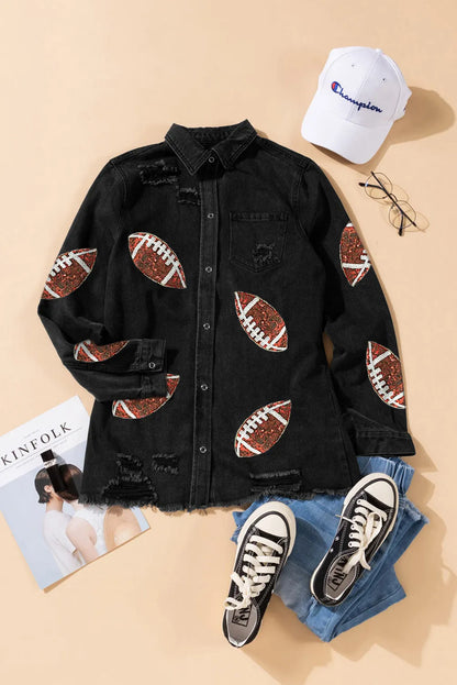 Black Sequined Rugby Graphic Frayed Denim Shacket - Chic Meadow Boutique 