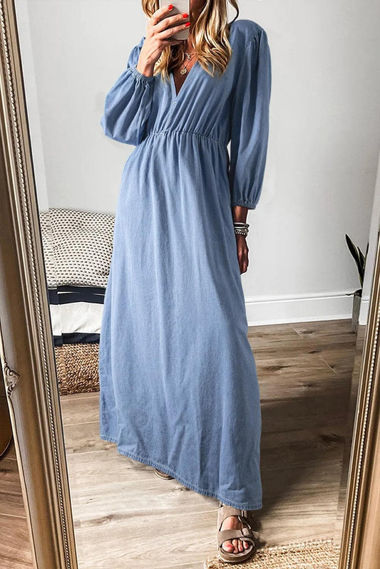 Dresses/Maxi Dresses Myosotis / S / 100%Cotton Myosotis Chambray Deep V Neck Bracelet Sleeve Maxi Dress