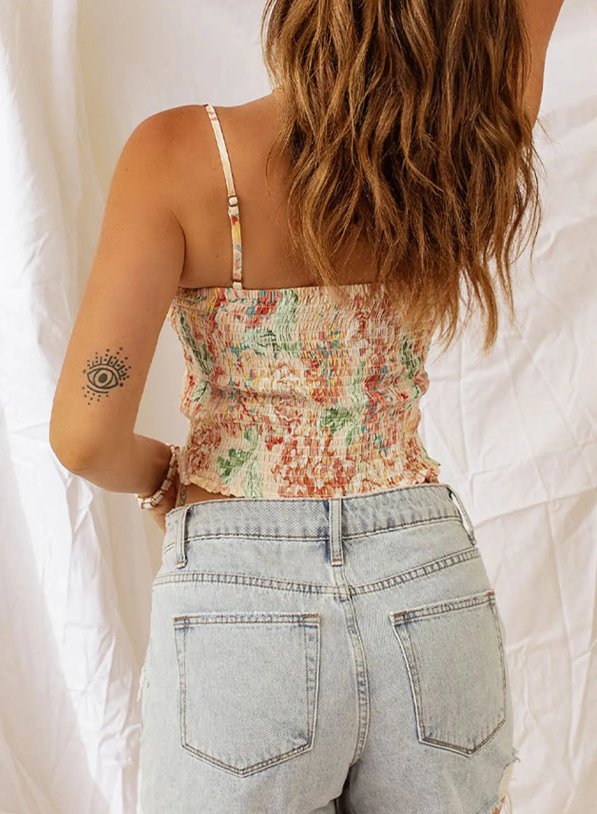 Apricot Floral Print Smocked Ruched Tank Top - Chic Meadow Boutique 