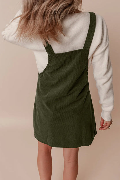 Vineyard Green Solid Front Pockets Sleeveless Corduroy Overall Dress - Chic Meadow Boutique 