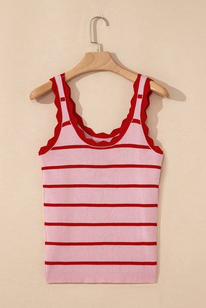 Rose Stripe Striped Scalloped Edge U Neck Sleeveless Sweater Vest