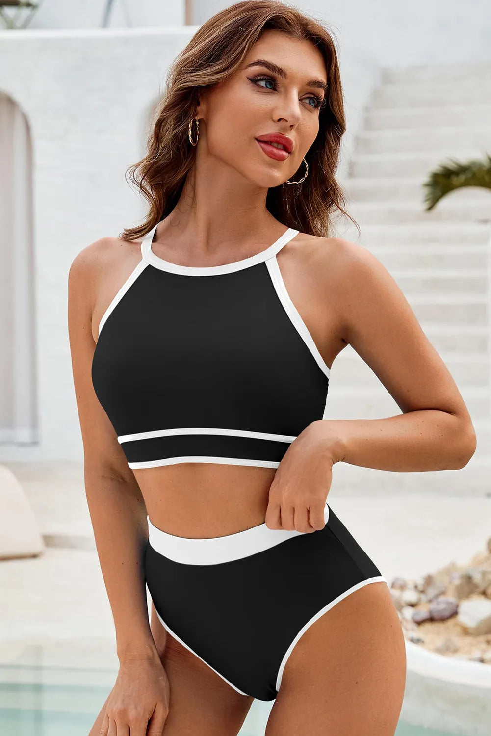 Black Contrast Trim Crisscross Back High Waisted Bikini - Chic Meadow Boutique 