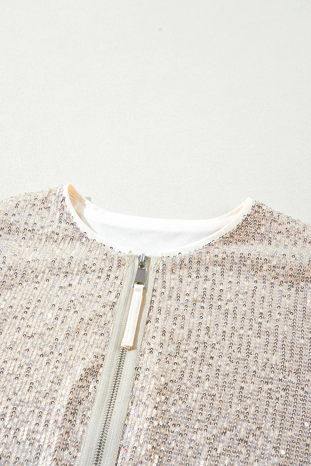 Apricot Sequin Zip up Round Neck Long Sleeve Jacket - Chic Meadow Boutique 