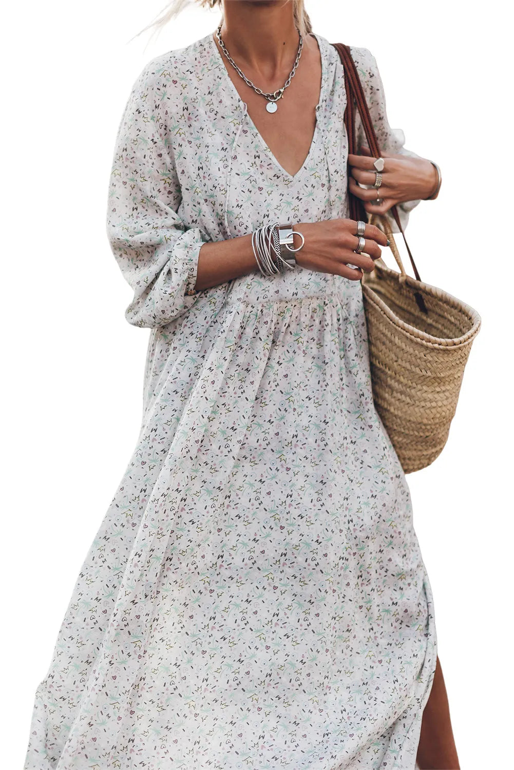 Multicolor Printed Tie V Neck Loose Long Sleeve Split Dress - Chic Meadow Boutique 