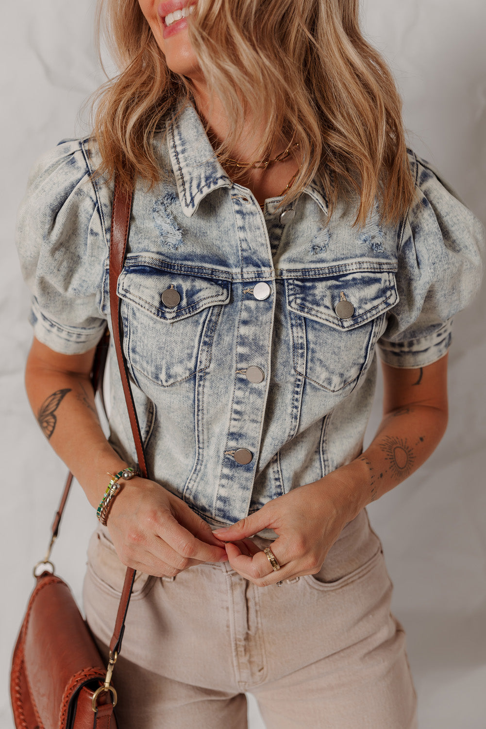 Beau Blue Light Wash Buttoned Chest Pocket Puff Sleeve Denim Jacket