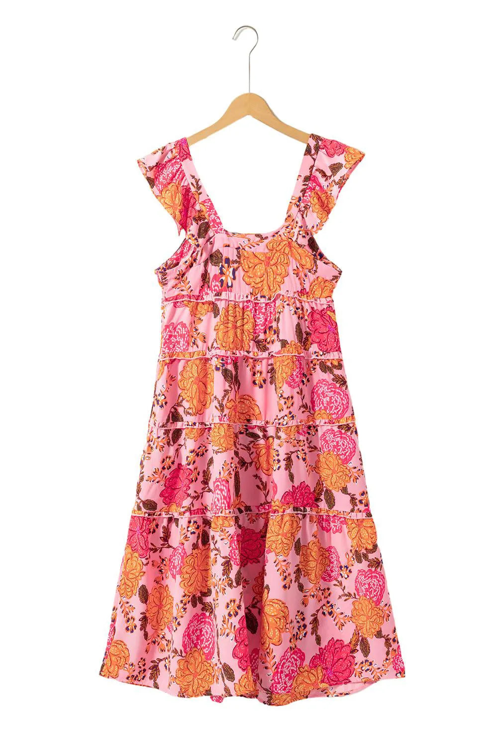 Pink Floral Square Neck Ruffled Flutter Sleeve Tiered Midi Dress - Chic Meadow Boutique 