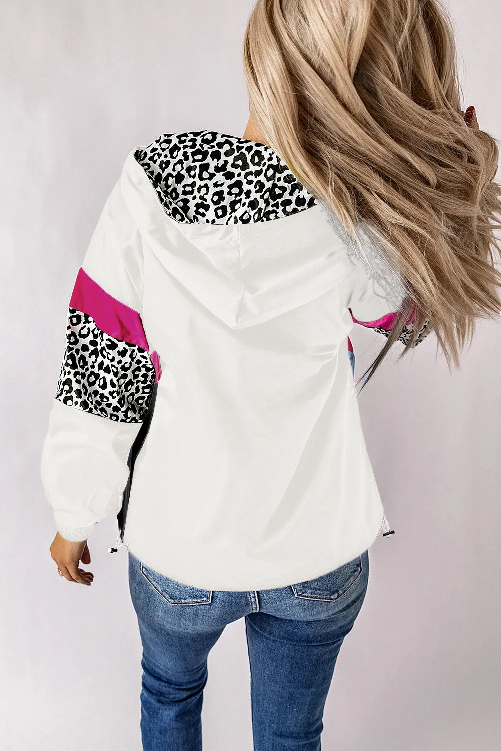 White Leopard Color Block Pockets Zip-up Hooded Jacket - Chic Meadow Boutique 