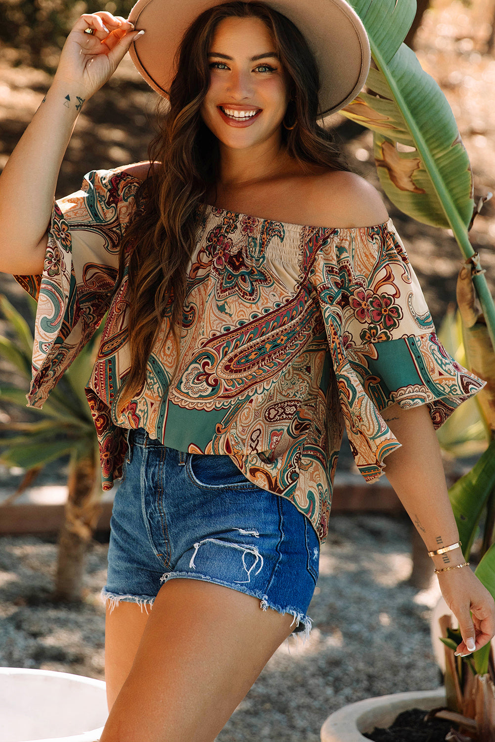 Apricot Paisley Printed Shirred Off Shoulder Ruffled Draped Sleeve Blouse