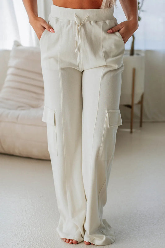 Beige Plain Cargo Pockets High Waist Casual Sweatpants - Chic Meadow Boutique 