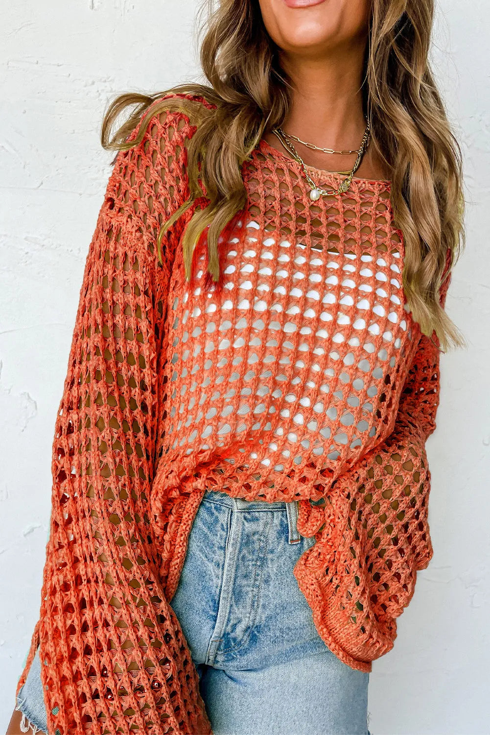 Orange Open Knit Crochet Bell Sleeve Tunic Sweater - Chic Meadow Boutique 