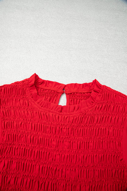 Racing Red Solid Color Smocked Ruffle Hem Long Sleeve Blouse