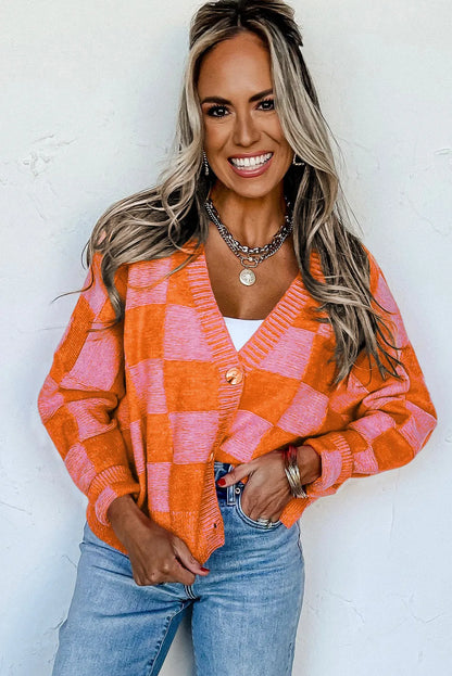 Orange Checkered Drop Shoulder Buttoned V Neck Cardigan - Chic Meadow Boutique 