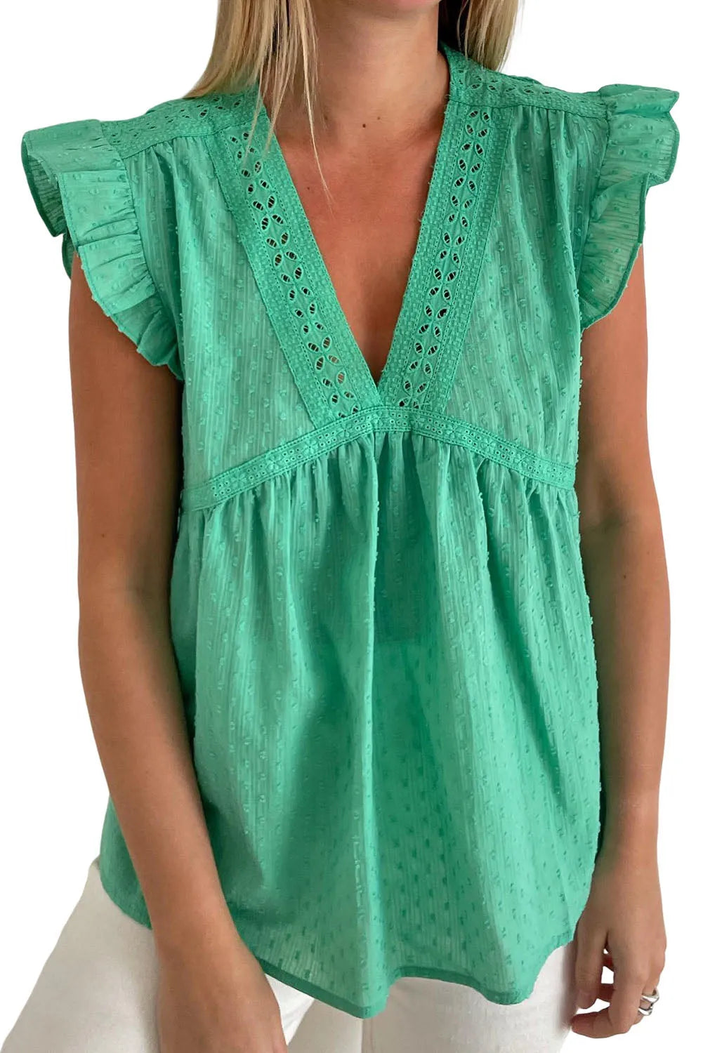 Green Eyelet V Neckline Ruffle Swiss Dot Top - Chic Meadow Boutique 