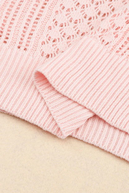 Pink Loose Pointelle Knit Ribbed V Neck Sweater - Chic Meadow Boutique 