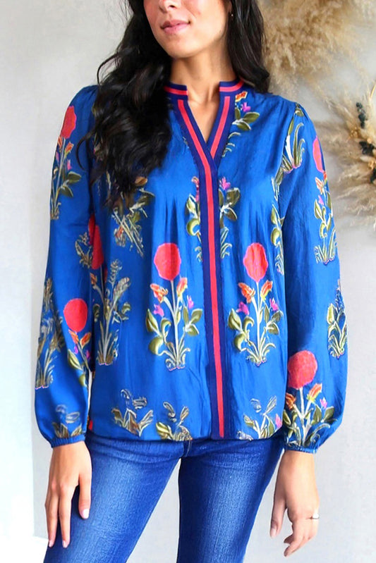 Blue Floral Print Contrast Striped Trim Notched Neck Long Sleeve Blouse
