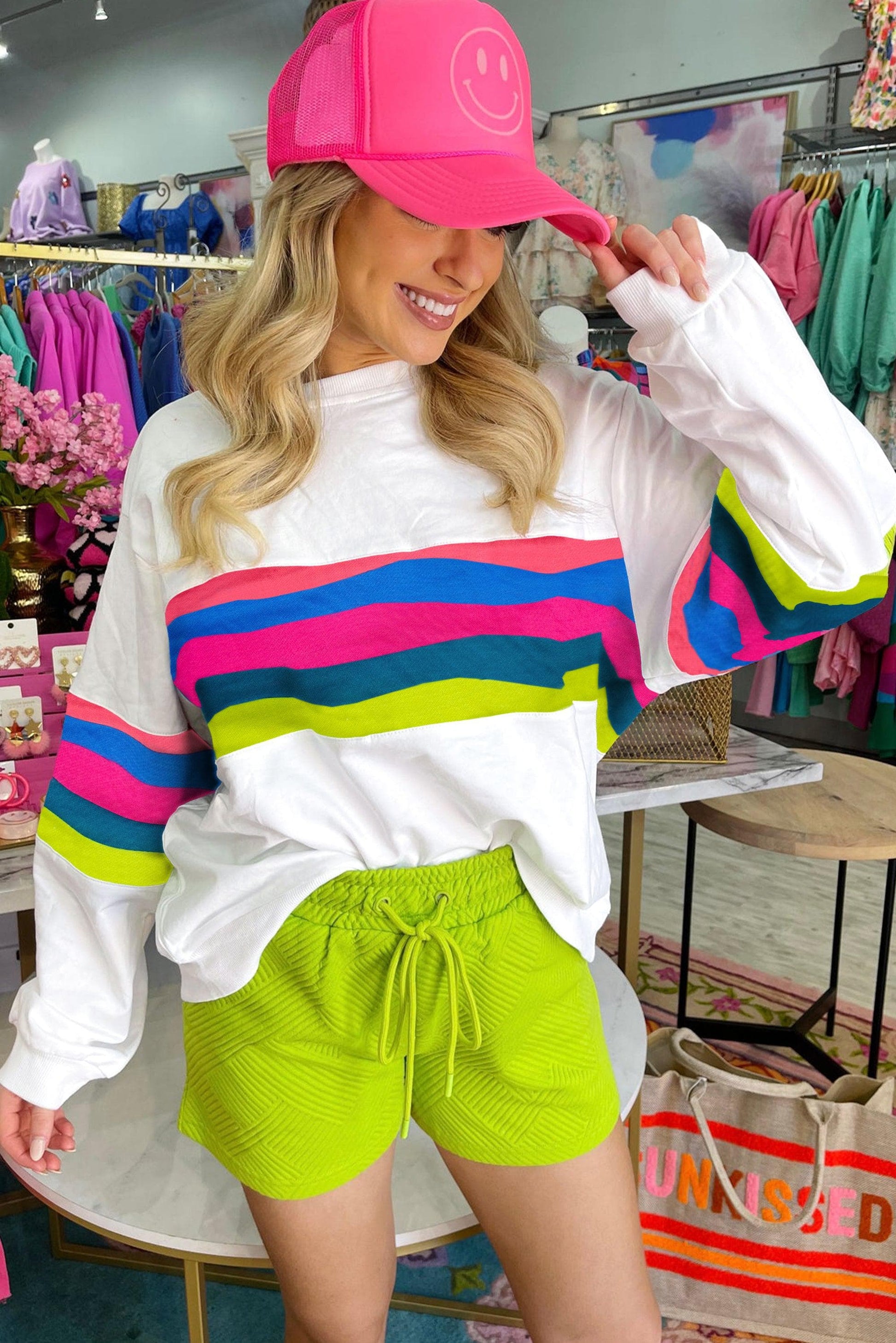 Tops/Long Sleeve Tops White Colorful Striped Accent Long Sleeve T Shirt