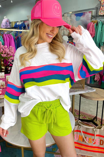 Tops/Long Sleeve Tops White Colorful Striped Accent Long Sleeve T Shirt