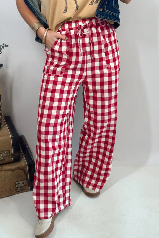Red Gingham Plaid Tie Elastic Waist Shift Pants