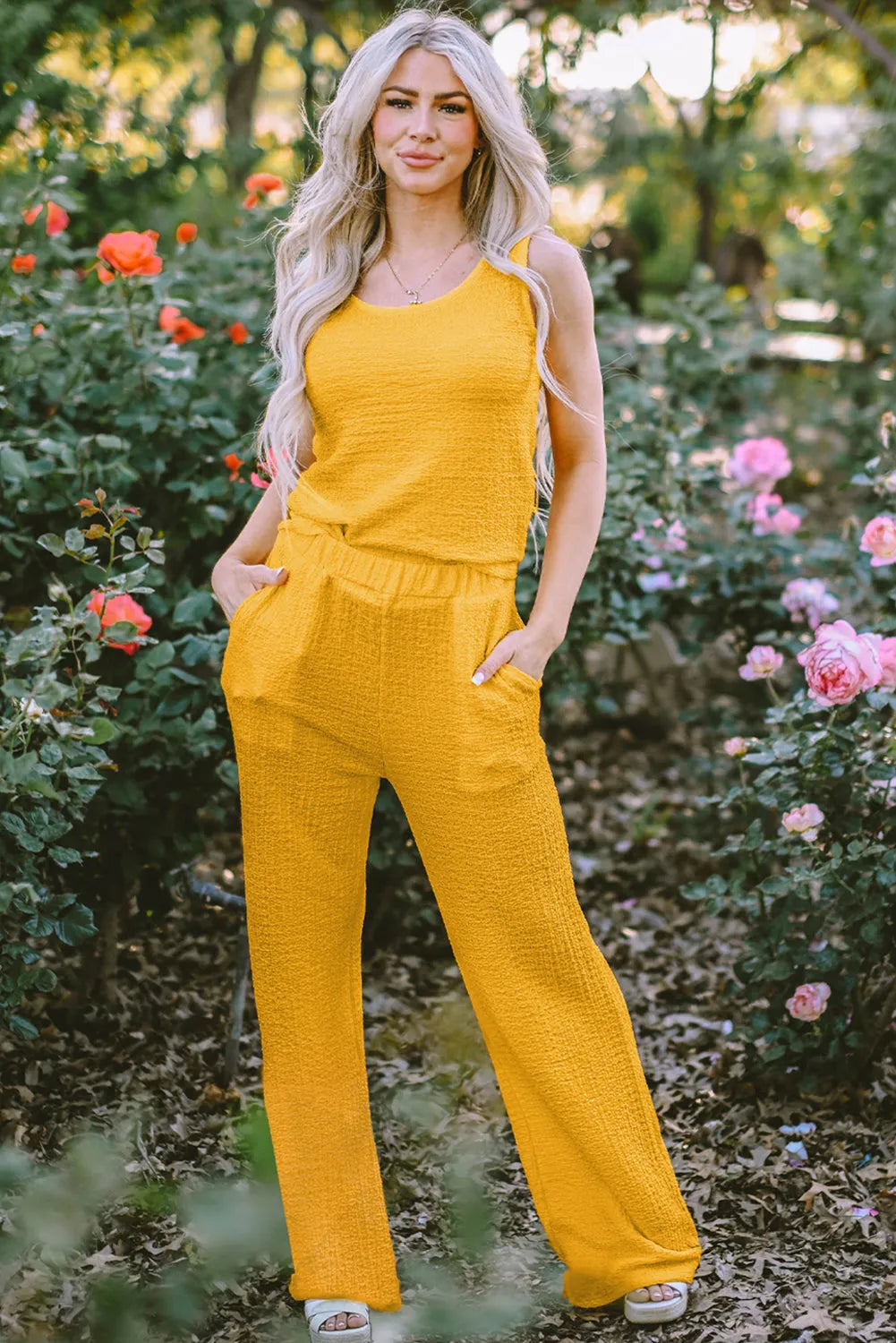 Yellow Crinkled U Neck Tank Top and Wide Leg Pants Set - Chic Meadow Boutique 