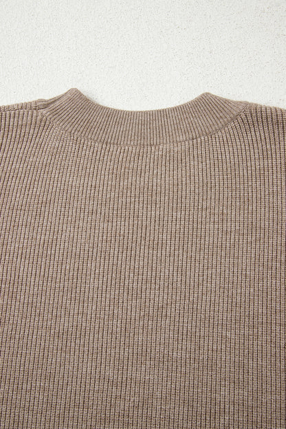 Simply Taupe Ribbed Knit Contrasted Stripe Detail Button Side Loose Sweater