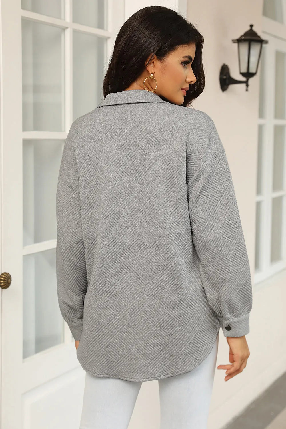 Gray Solid Textured Flap Pocket Buttoned Shacket - Chic Meadow Boutique 