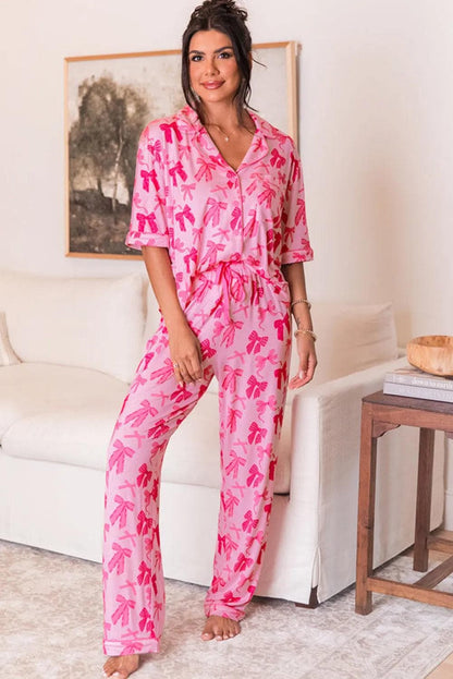 Loungewear & Sleepwear/Sleepwear Pink Bow Knot Print Lapel Collar Short Sleeve and Pants Pajamas Set