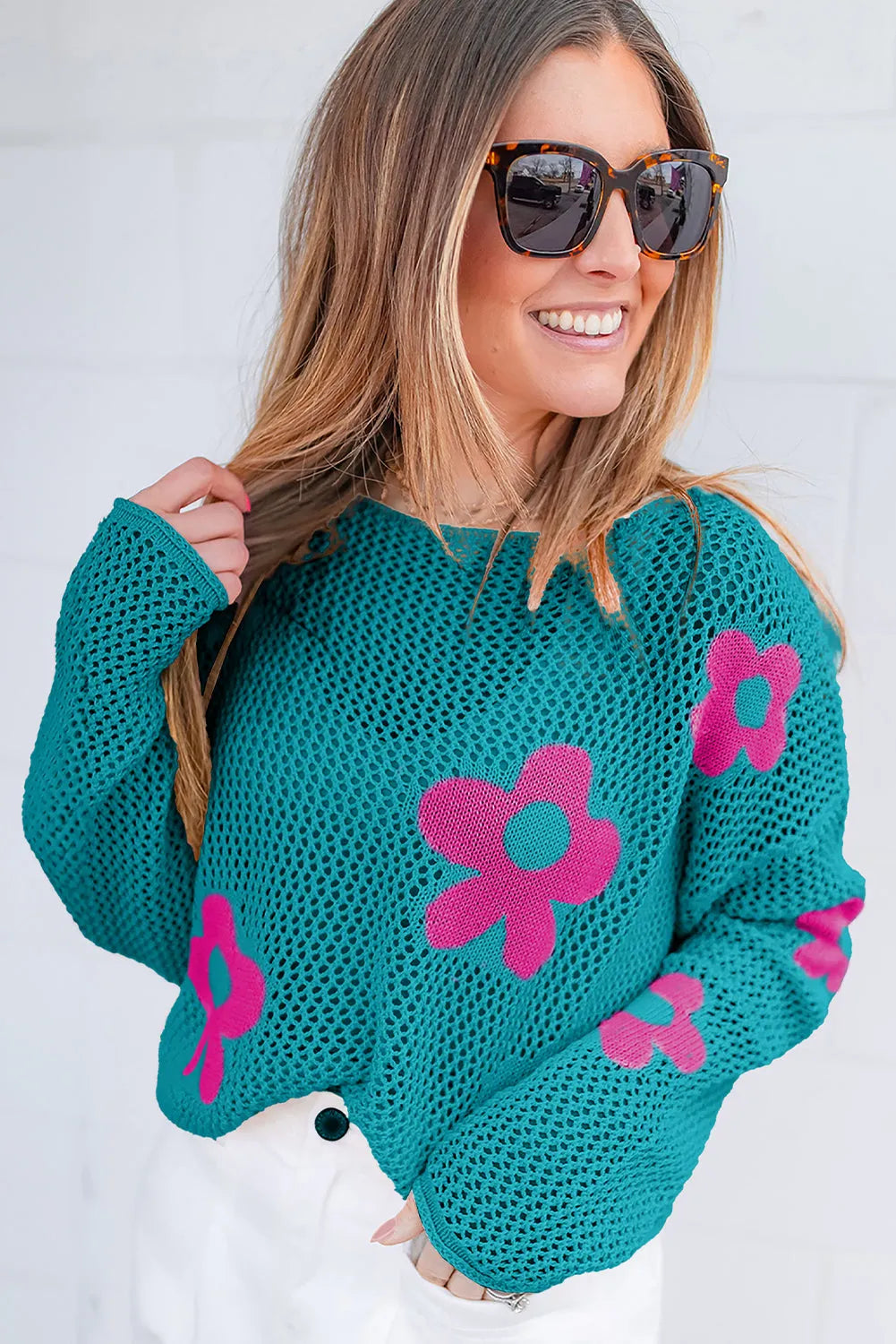 Sea Green Big Flower Hollowed Knit Drop Shoulder Sweater - Chic Meadow Boutique 