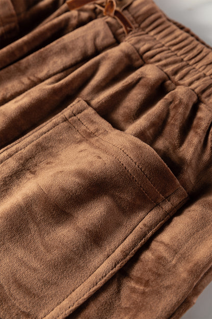 Coffee Straight Loose Drawstring Elastic High Waist Fleece Pants