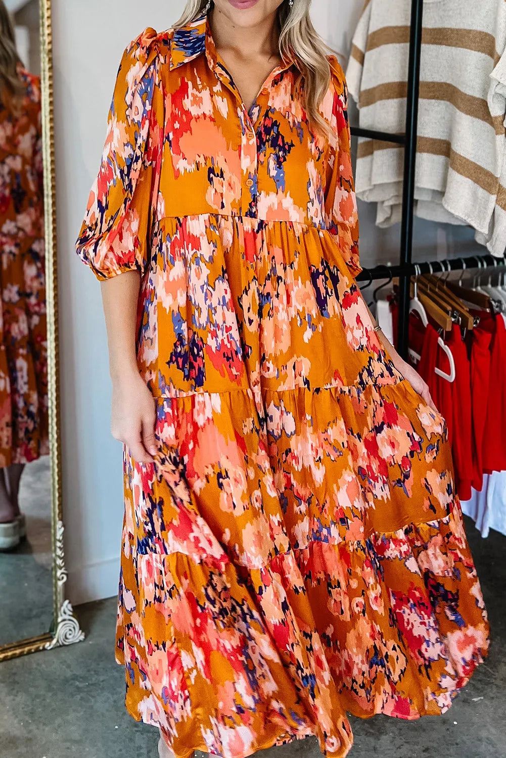 Orange Abstract Print Pleated Half Sleeve Buttoned Maxi Dress - Chic Meadow Boutique 