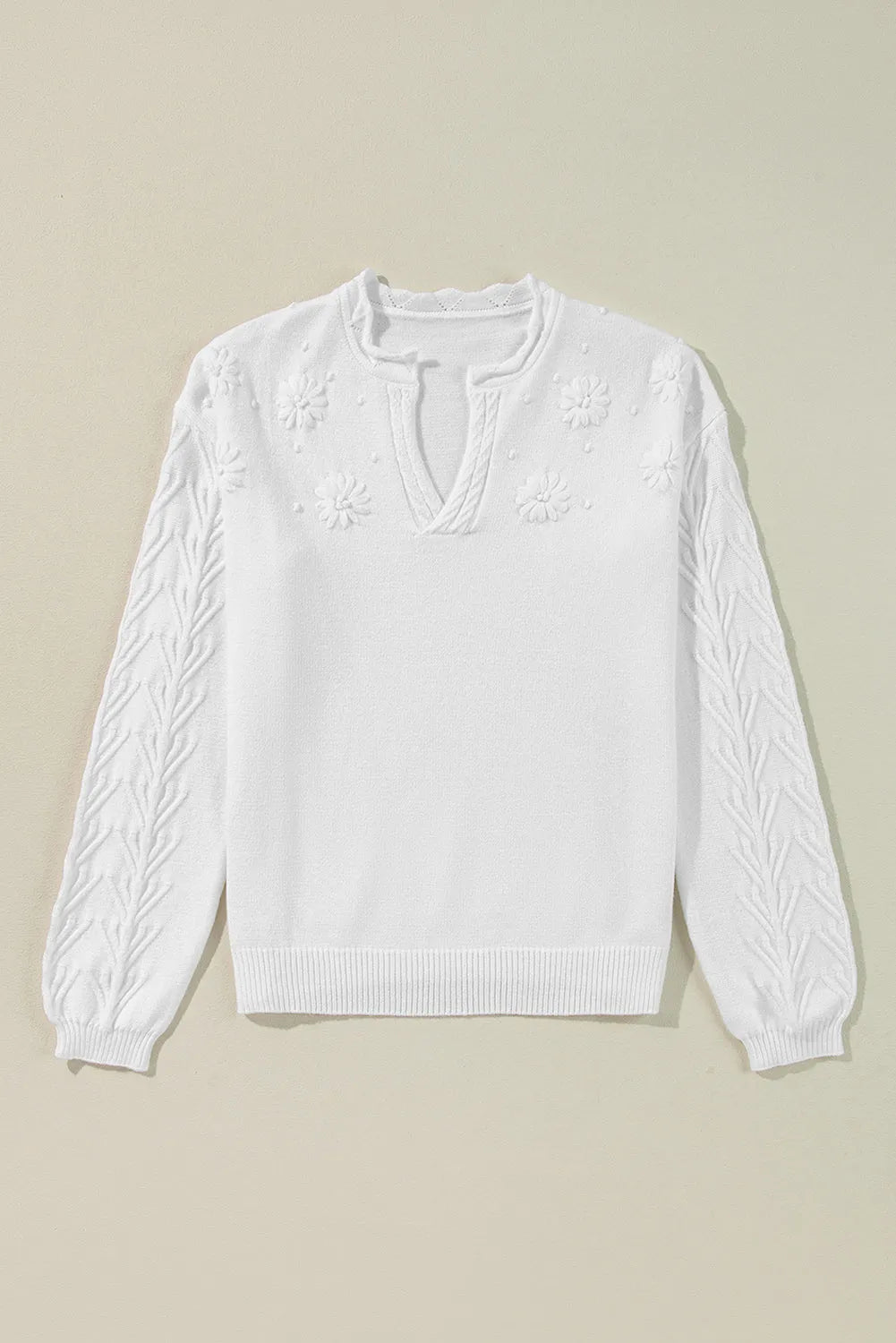 White Flower Detail Knitted Notched Neck Sweater - Chic Meadow Boutique 