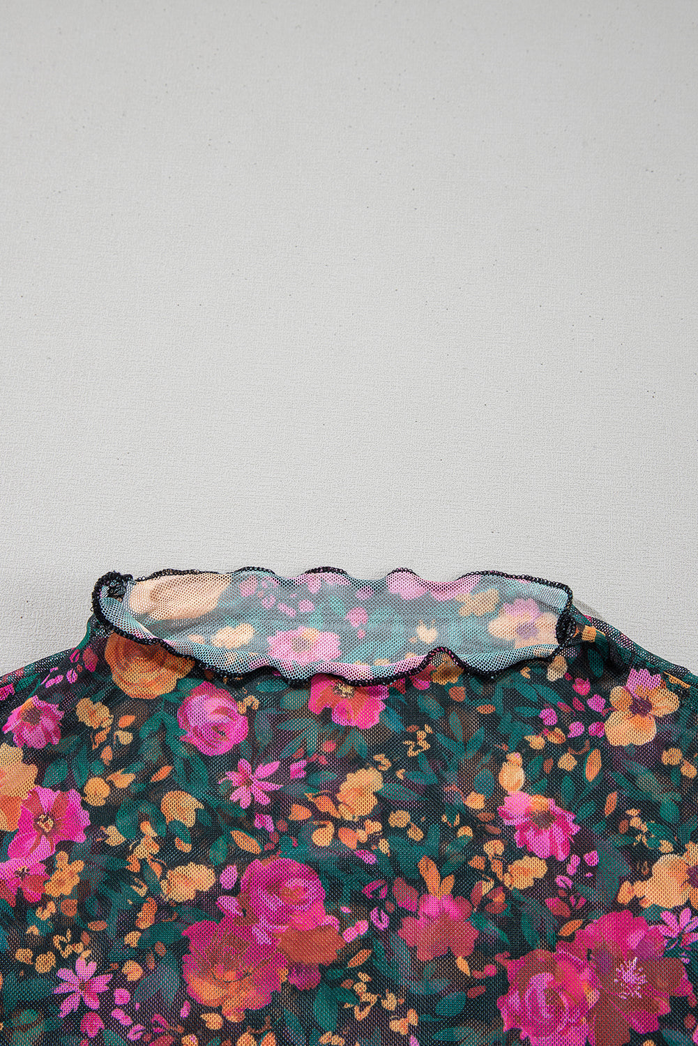 Rose Floral Print Mesh Stand Neck Short Sleeve Top
