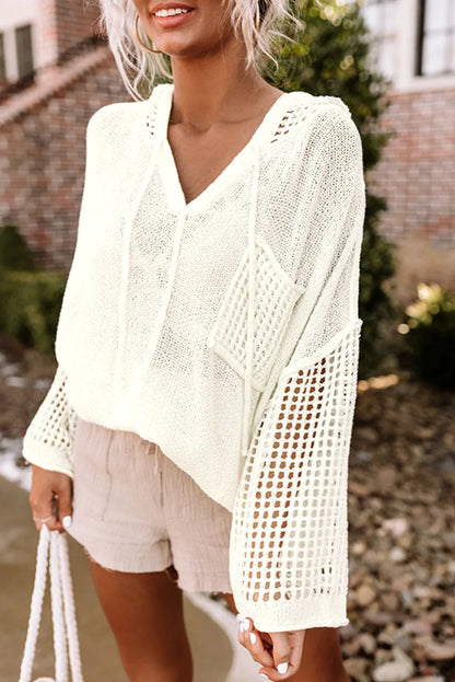 White Open Knit Long Sleeve Pocketed Hooded Sweater - Chic Meadow Boutique 