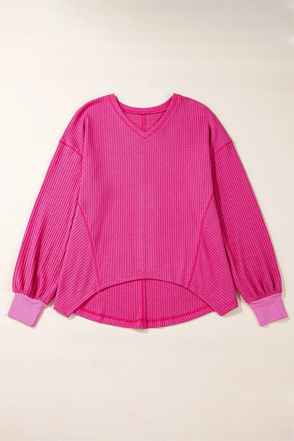 Bright Pink Waffle V Neck Long Sleeve Drop Shoulder Loose Blouse - Chic Meadow Boutique 