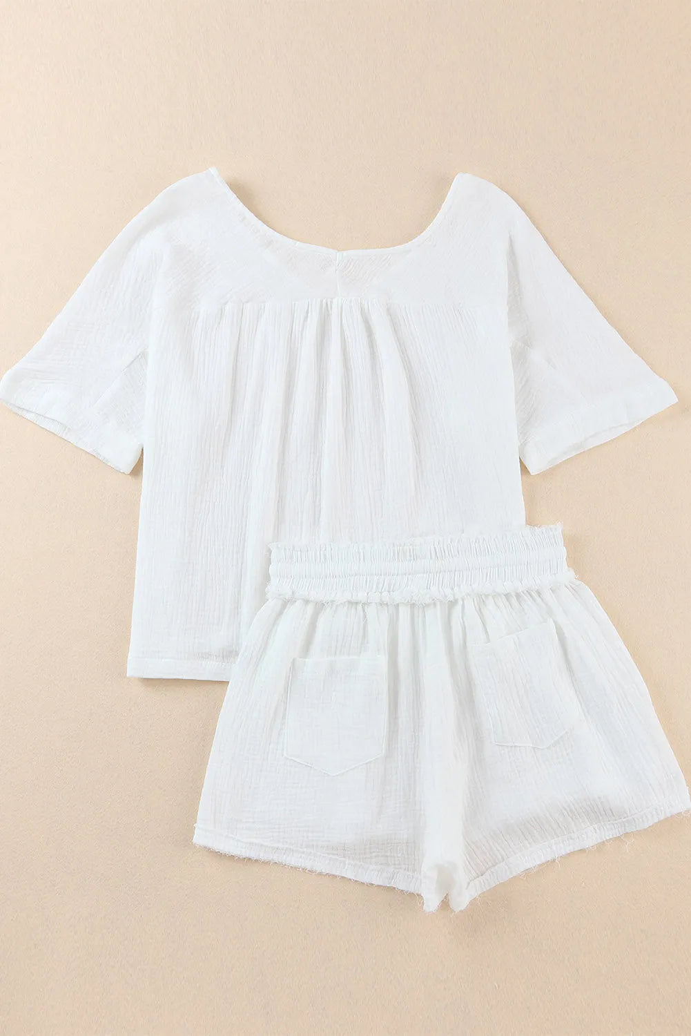 White Relaxed V Neck Blouse and Drawstring Raw Hem Shorts Set - Chic Meadow Boutique 