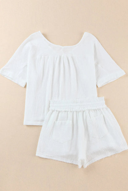 White Relaxed V Neck Blouse and Drawstring Raw Hem Shorts Set - Chic Meadow Boutique 