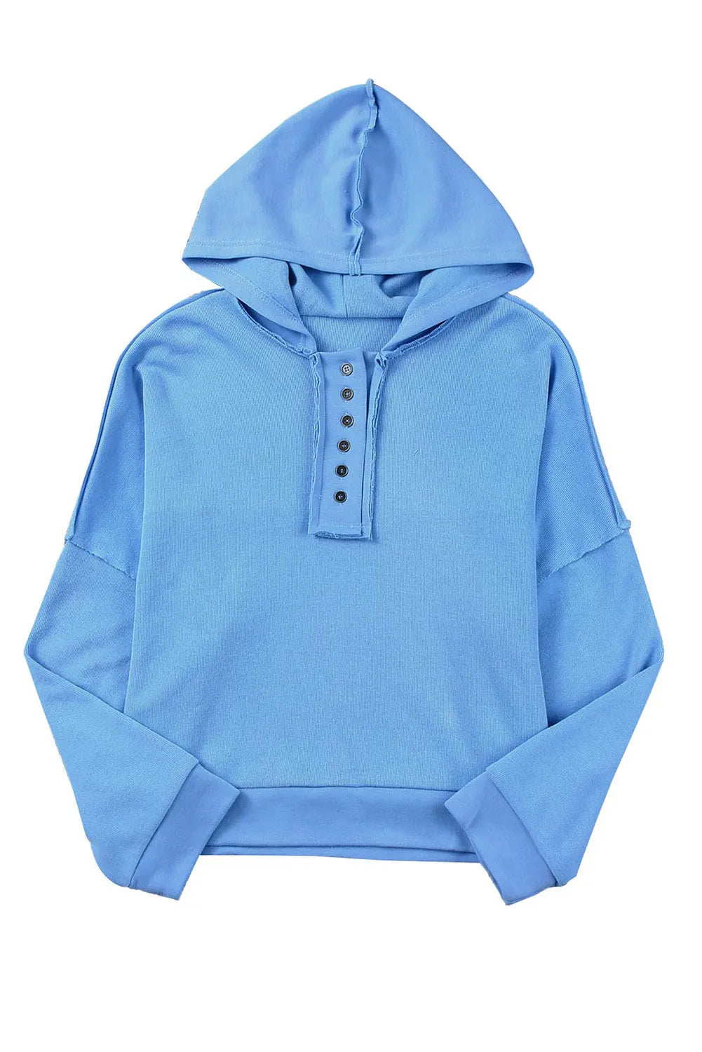 Sky Blue Casual Button Solid Patchwork Trim Hoodie - Chic Meadow Boutique 