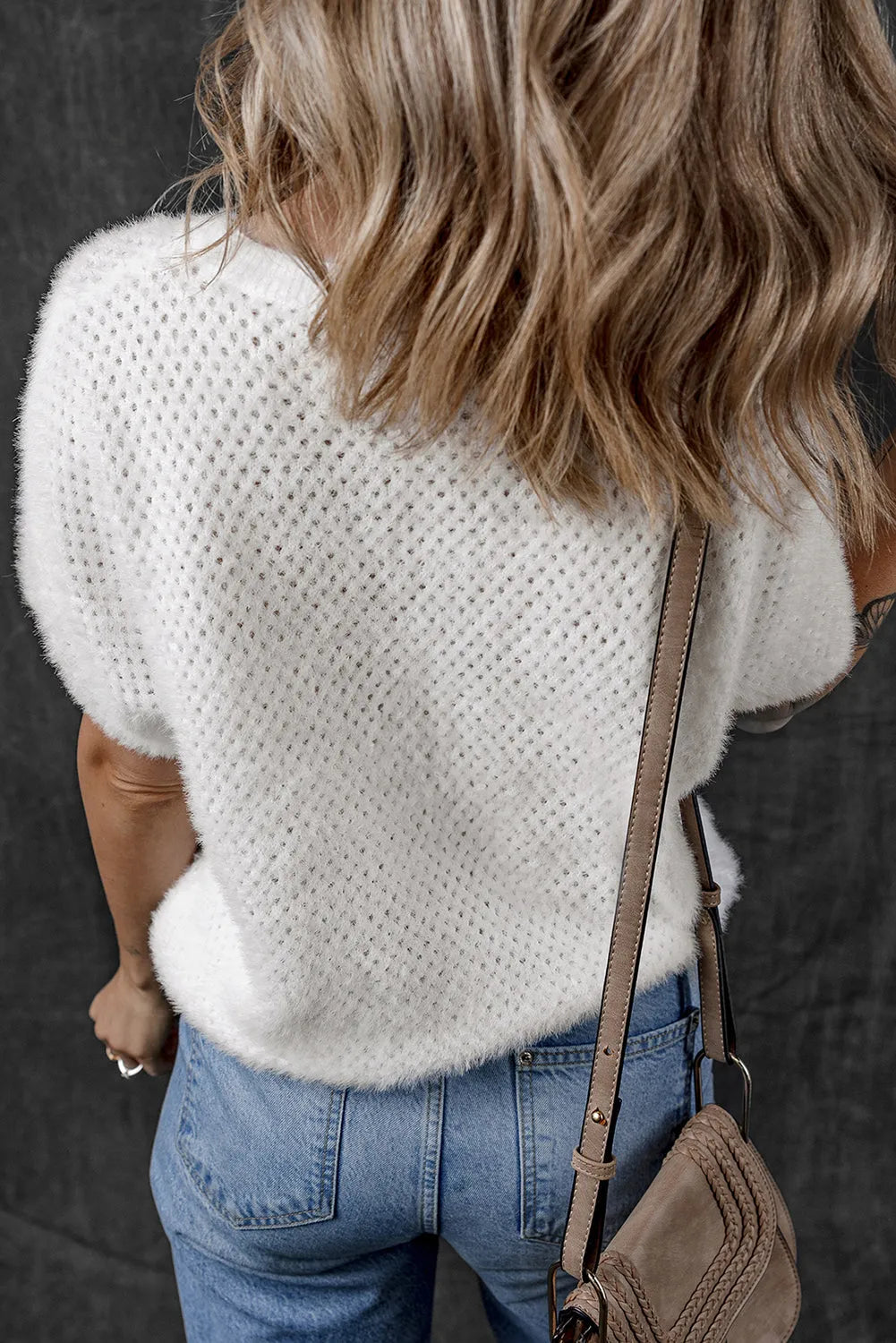 White Fuzzy Eyelet Knitted Sweater T-shirt - Chic Meadow Boutique 