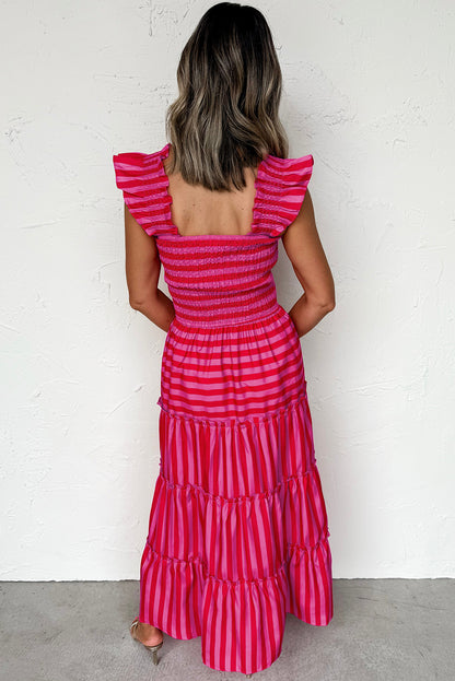 Rose Stripe Flutter Sleeve Smocked Bodice Tiered Maxi Dress
