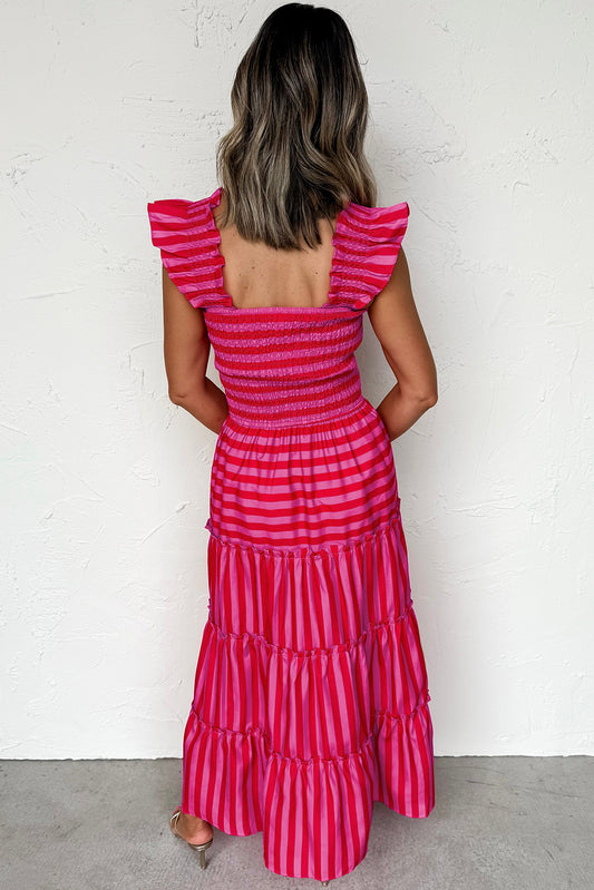 Rose Stripe Flutter Sleeve Smocked Bodice Tiered Maxi Dress