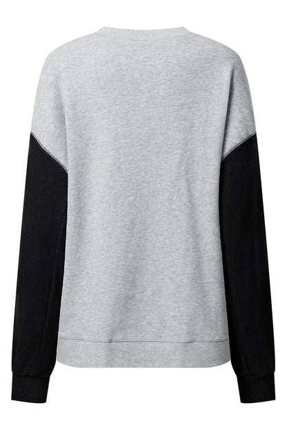 Gray Two Tone Patchwork Drop Shoulder Pullover Sweatshirt - Chic Meadow Boutique 