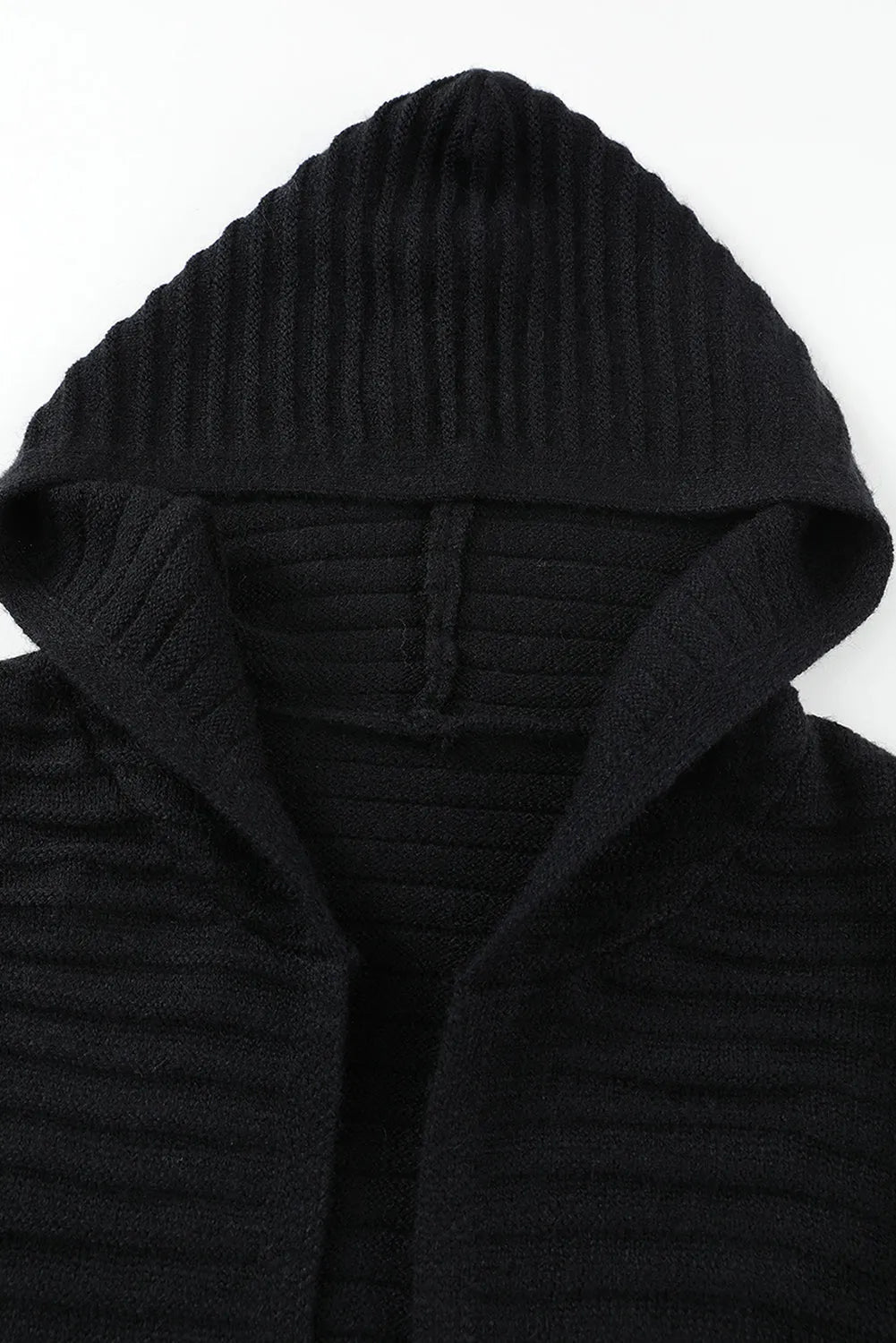 Black Horizontal Rib Knitted Open Front Hooded Cardigan - Chic Meadow Boutique 