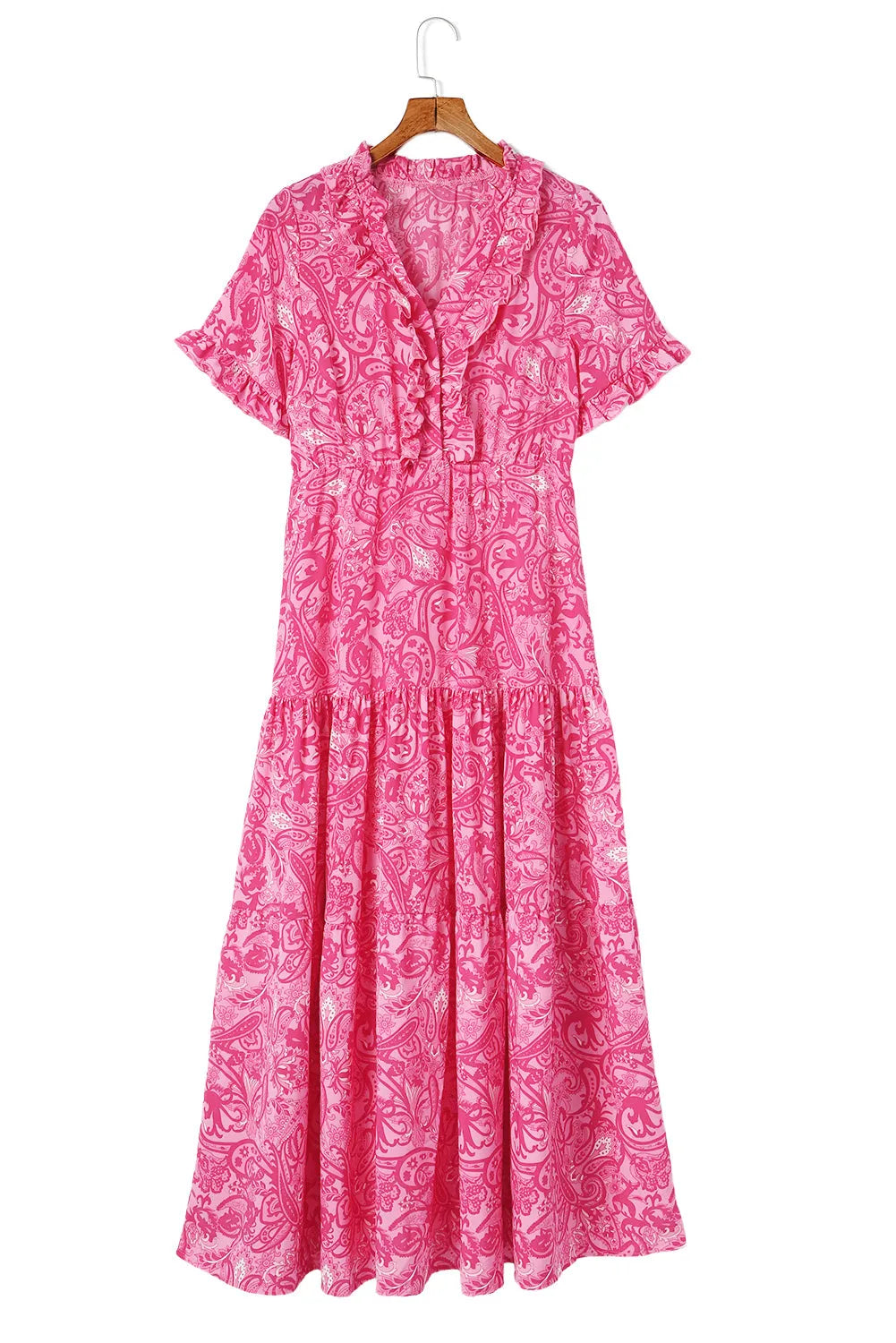 Pink Paisley Print Boho Holiday Ruffle Tiered Maxi Dress - Chic Meadow Boutique 