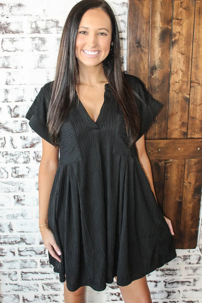 Black Textured V Neck Short Sleeve Pockted Mini Dress - Chic Meadow Boutique 